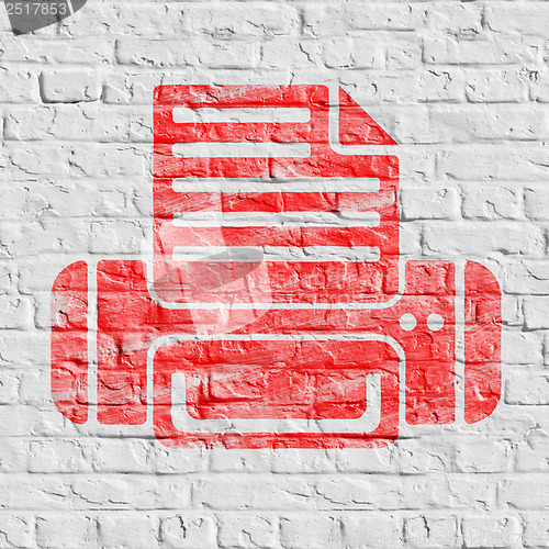 Image of Red Printer Icon on White Brick Wall.