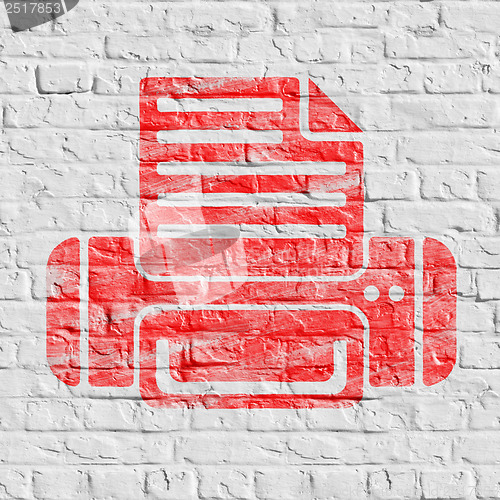 Image of Red Printer Icon on White Brick Wall.