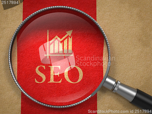 Image of SEO through Magnifying Glass. Internet Concept.