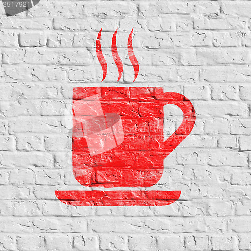 Image of Red Cup of Coffee Icon on White Brick Wall.