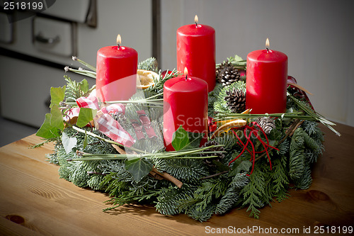 Image of Advent wreath with burning red candles
