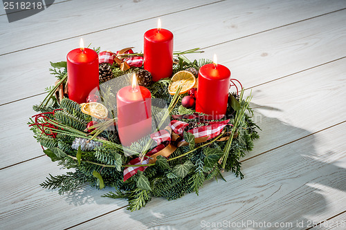 Image of Advent wreath with burning red candles