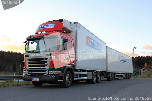 Image of Red Scania Truck and Trailer at Sunset