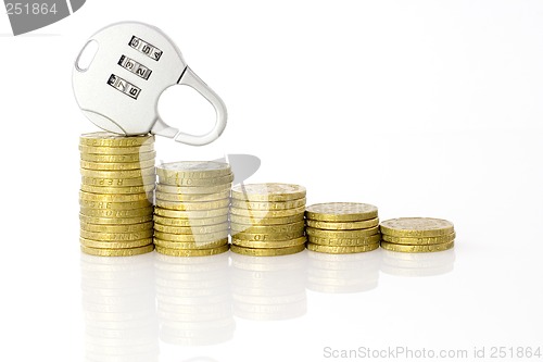 Image of Padlock on stacks of Singapore coins

