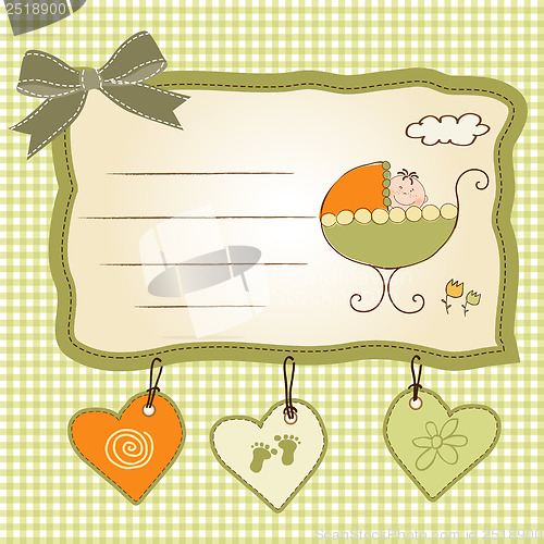 Image of baby boy announcement card with baby and pram