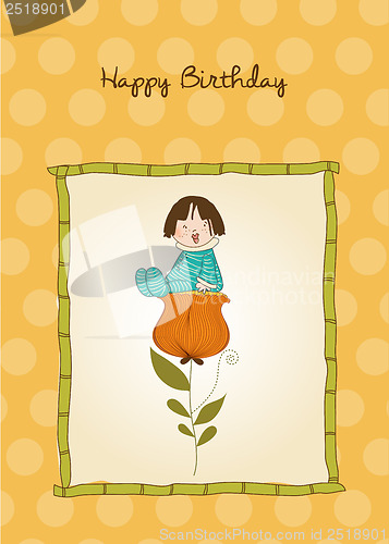 Image of greeting card with a baby sitting on a flower