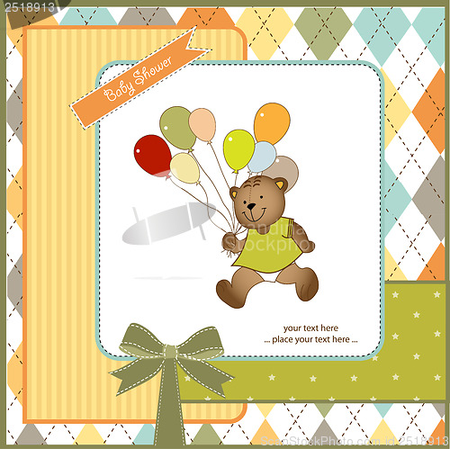 Image of baby shower card with teddy bear toy