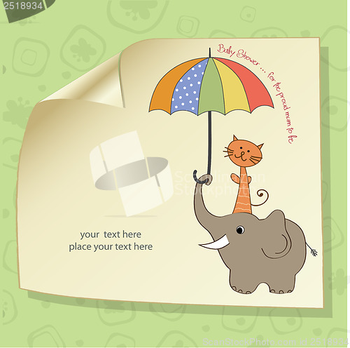 Image of baby shower card with funny elephant and little cat under umbrel