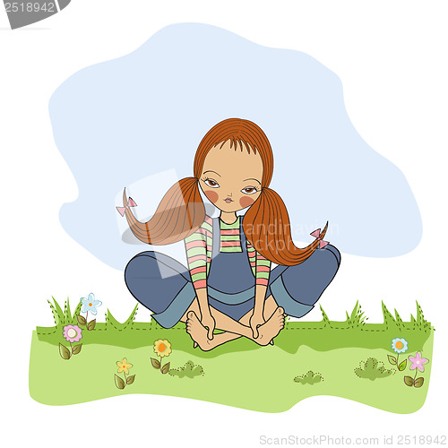 Image of romantic girl sitting barefoot in the grass