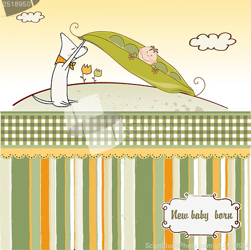 Image of little boy sleeping in a pea been, baby announcement card