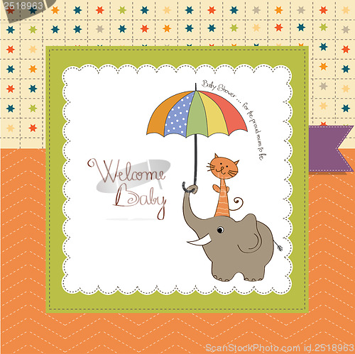 Image of baby shower card with funny elephant and little cat under umbrel