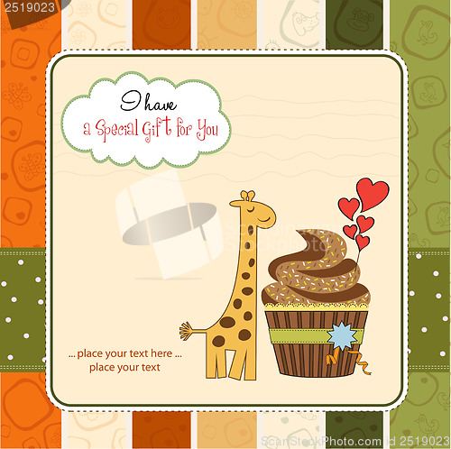 Image of birthday greeting card with cupcake and giraffe