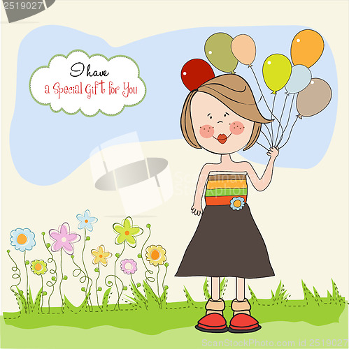 Image of Funny girl with balloon, birthday greeting card