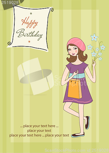 Image of pretty girl with gift and flowers. birthday card