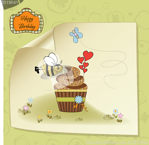 Image of birthday greeting card with cupcake and funny bee