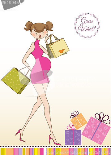 Image of baby announcement card with beautiful pregnant woman on shopping