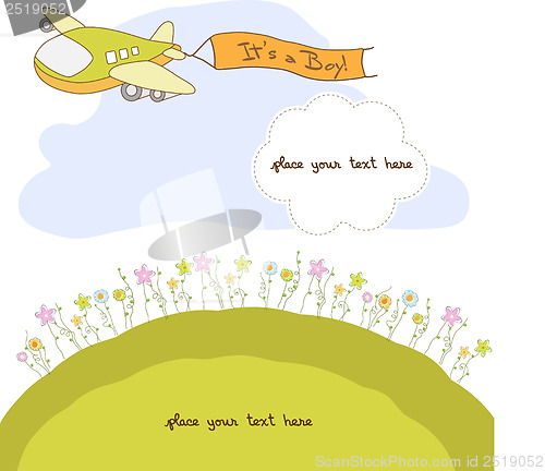 Image of new baby announcement card with airplane