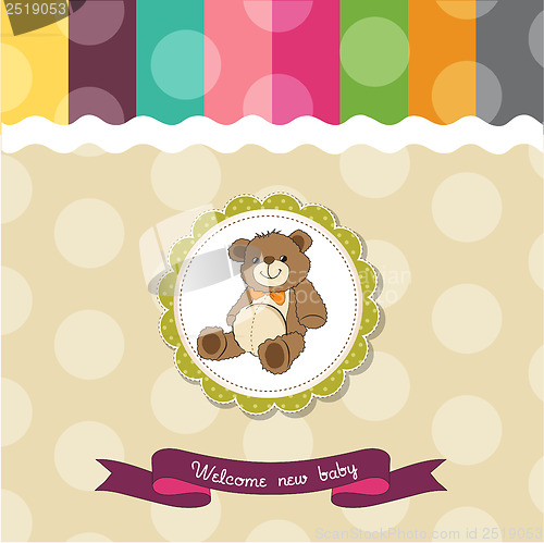 Image of baby shower card with cute teddy bear toy
