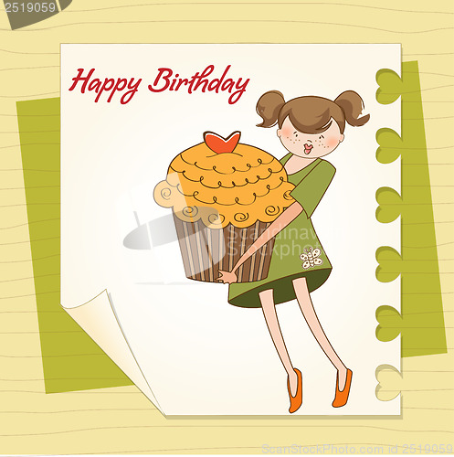 Image of Happy Birthday card with girl and cup cake