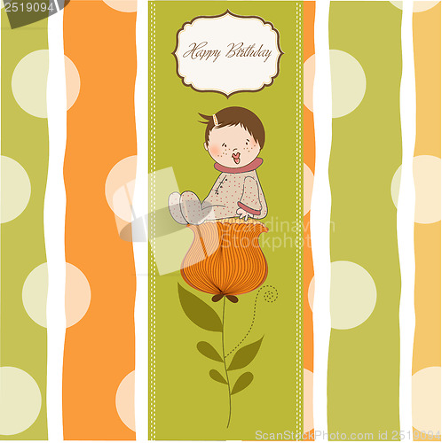 Image of greeting card with a baby sitting on a flower