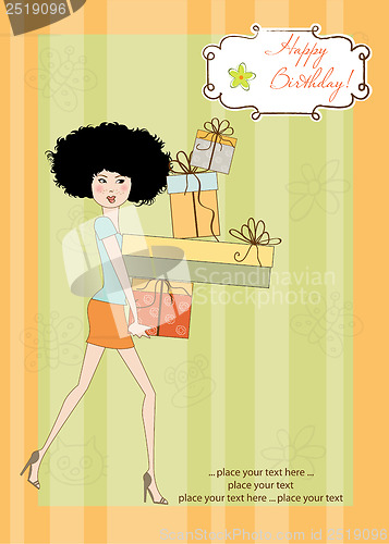 Image of birthday card - pretty young lady with arms full of gifts