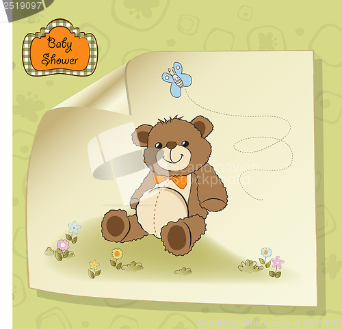 Image of baby shower card with cute teddy bear toy