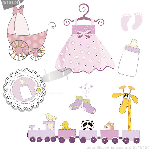 Image of baby girl items set isolated on white background
