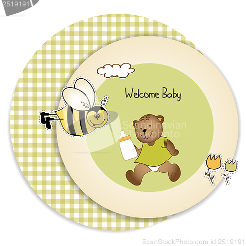 Image of baby shower card with teddy bear toy