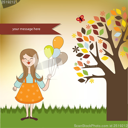 Image of Funny girl with balloon, birthday greeting card