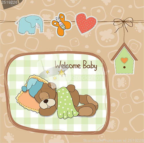 Image of baby shower card with teddy bear toy
