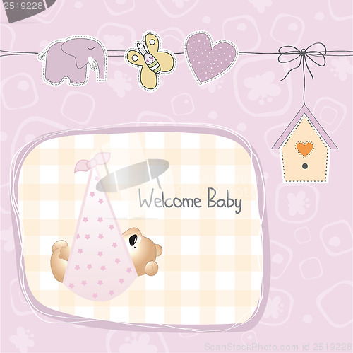 Image of baby shower card with teddy bear toy