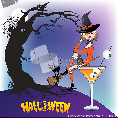 Image of sexy witch sits in a glass of poison