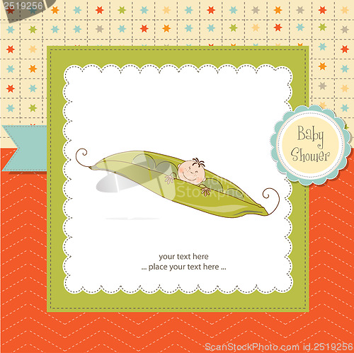 Image of little boy sleeping in a pea been, baby announcement card