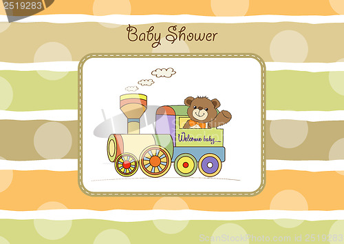 Image of baby shower card with teddy bear and train toy