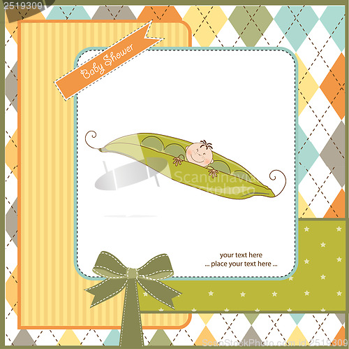 Image of little boy sleeping in a pea been, baby announcement card