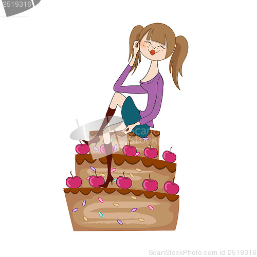 Image of sexy young woman sitting on a big cake