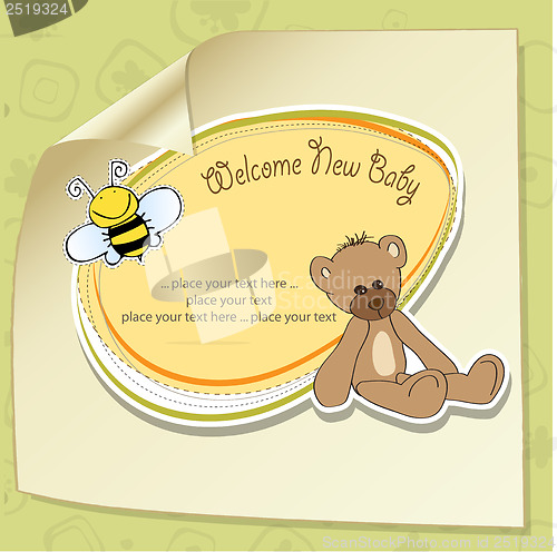 Image of baby shower card with teddy bear toy