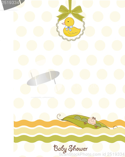 Image of little boy sleeping in a pea been, baby announcement card