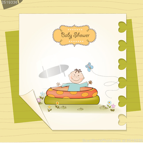 Image of baby bathe in a small pool . shower announcement card