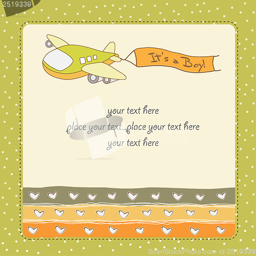 Image of new baby announcement card with airplane