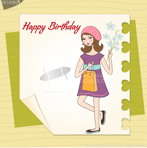 Image of pretty girl with gift and flowers. birthday card
