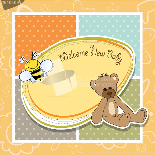 Image of baby shower card with teddy bear toy