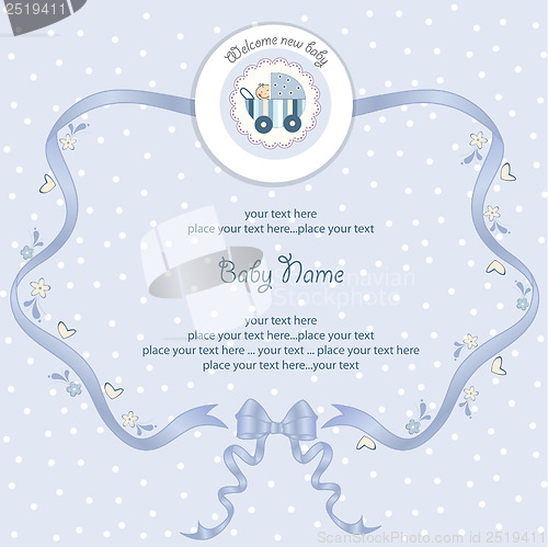 Image of baby boy announcement card with baby and pram