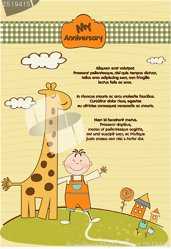 Image of customizable anniversary card with giraffe and baby boy