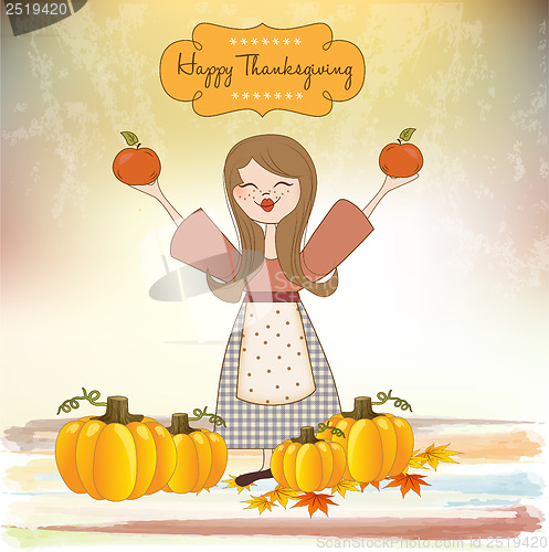 Image of autumn girl with apples and pumpkins
