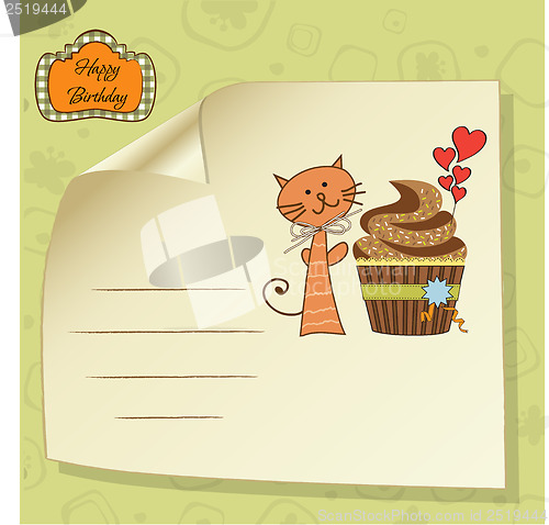 Image of birthday greeting card with cupcake and cat