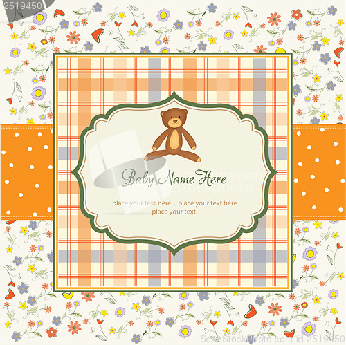 Image of baby shower card with teddy bear toy