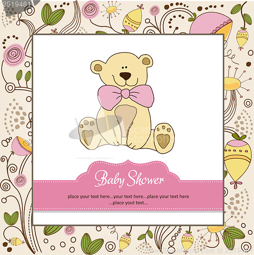 Image of baby shower card with teddy bear toy