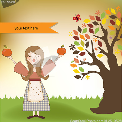 Image of autumn girl with apples and pumpkins