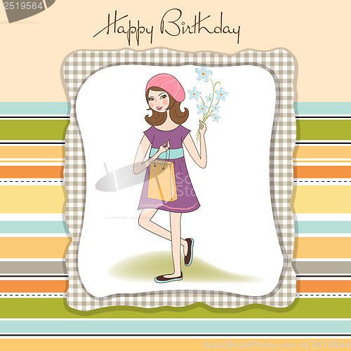 Image of pretty girl with gift and flowers. birthday card